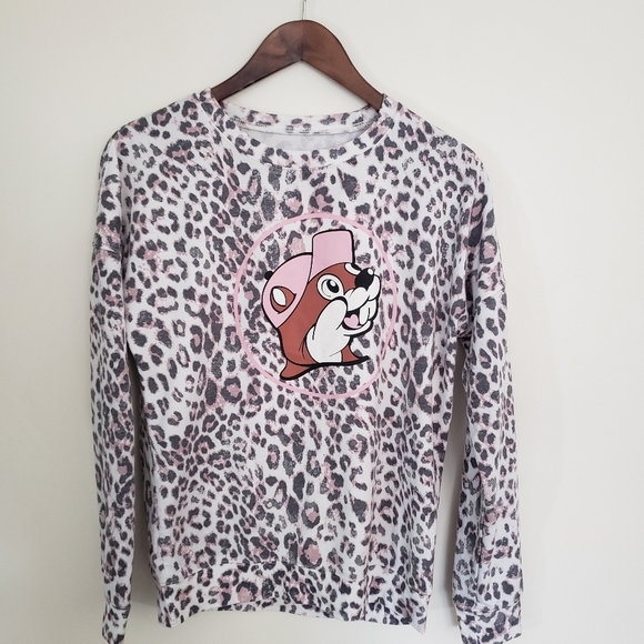 Buc-ee's Womens Pullover Sweatshirt Long Sleeve Pink Beaver Small Leopard Print - Picture 1 of 6